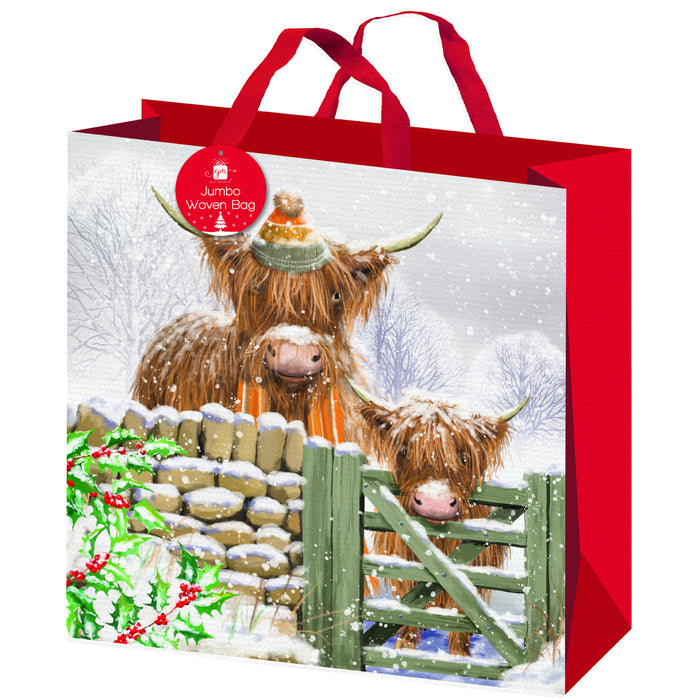 Christmas Highland Cow Jumbo Woven Gift Bag Christmas Gift Bags FabFinds