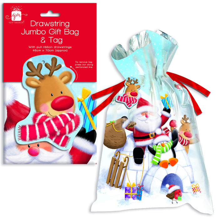 Christmas Jumbo Drawstring Gift Bag Santa & Friends With Tag Christmas Gift Bags FabFinds