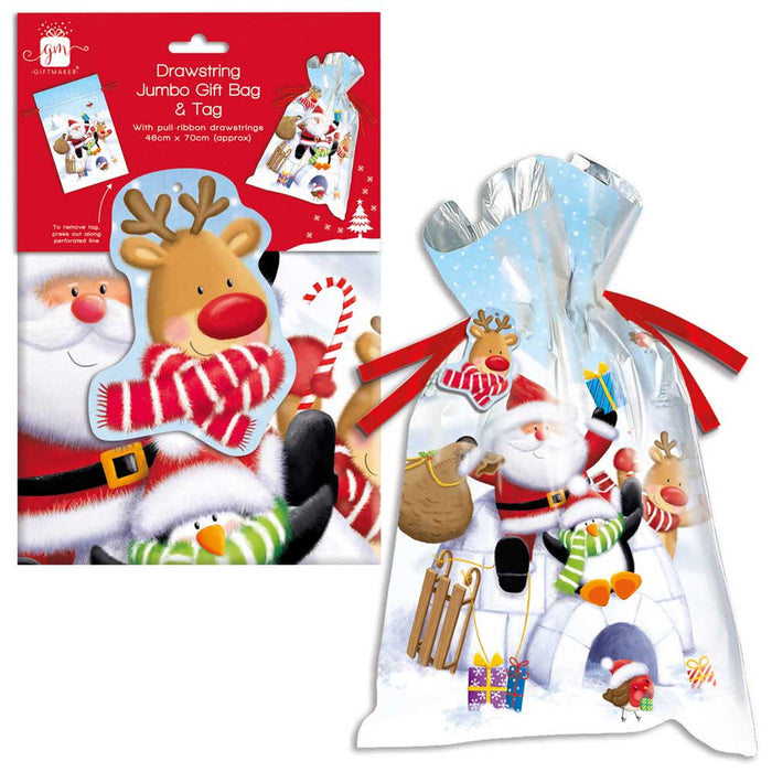 Christmas Jumbo Drawstring Gift Bag Santa & Friends With Tag Christmas Gift Bags FabFinds
