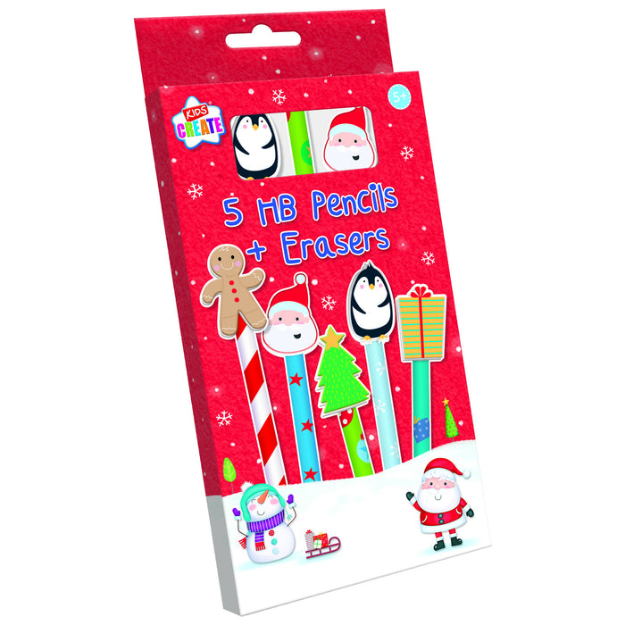 Christmas Novelty Eraser Pencils 5 Pack HB Kids Stationery FabFinds