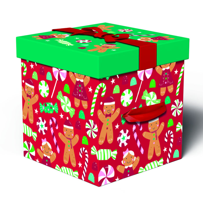 Christmas Square Flat Folding Gift Box with Ribbon Gingerbread Design detail view