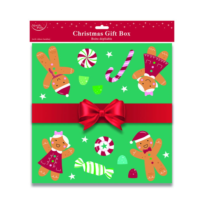 Christmas Square Flat Folding Gift Box with Ribbon Gingerbread Design