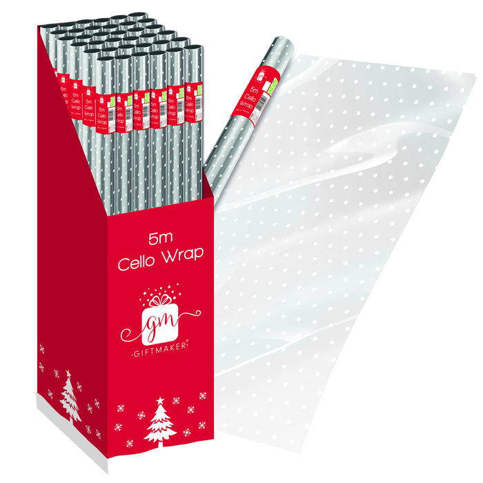 Clear & White Spot Cellophane Roll 5m x 70cm Christmas Gift Wrap FabFinds