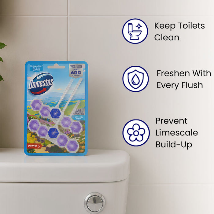 Domestos Power 5 Toilet Freshener Rim Block Cleaner Cotswolds Bloom 2x50g Assorted Pack
