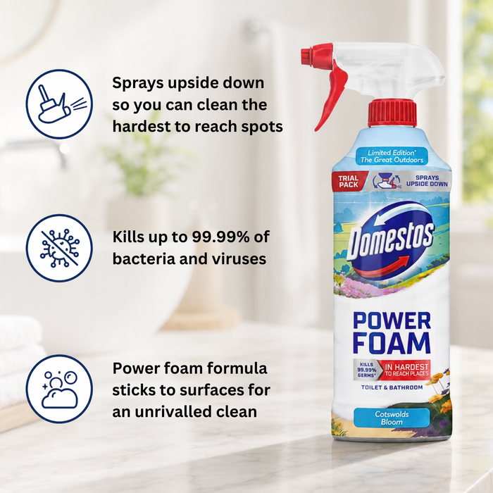 Domestos Power Foam Toilet and Bathroom Cleaner Cotswolds Bloom 380ml Assorted Packs Bathroom & Shower Cleaners Domestos