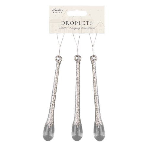 Silver and White Glitter Droplet Decorations 3 Pack Christmas Baubles, Ornaments & Tinsel FabFinds Silver