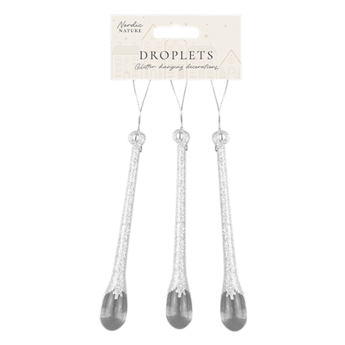 Silver and White Glitter Droplet Decorations 3 Pack Christmas Baubles, Ornaments & Tinsel FabFinds White