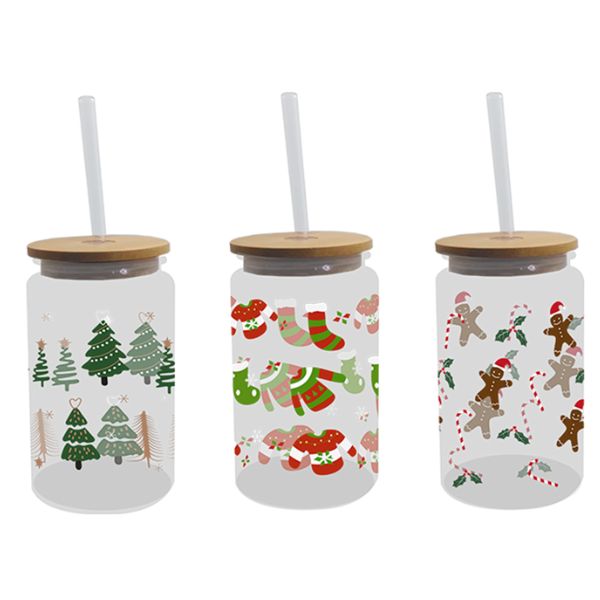 Festive Glass Drinking Cup with Straw 480ml Assorted Designs Christmas Tableware FabFinds