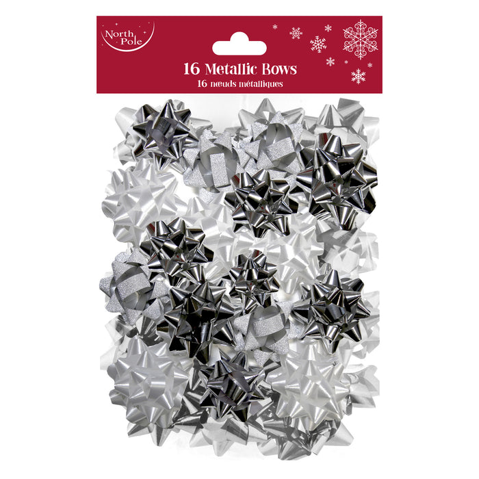 Festive Gift Bows Metallic & Glitter Silver Winter Mix 16 Pack