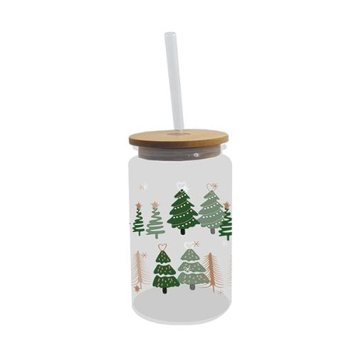 Festive Glass Drinking Cup with Straw 480ml Assorted Designs Christmas Tableware FabFinds Christmas Tree  