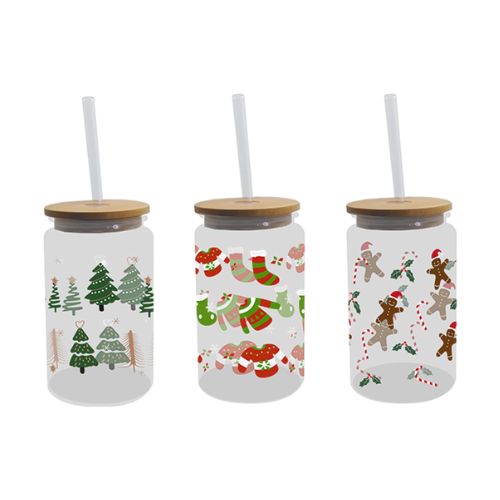 Festive Glass Drinking Cup with Straw 480ml Assorted Designs Christmas Tableware FabFinds   