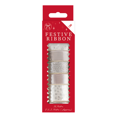 Christmas Ribbon 2m 8 Pack Assorted Festive Designs Christmas Wrapping & Tissue Paper FabFinds Silver