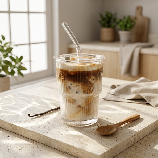 Ribbed Glass Cup With Straw and Lid 360ml Drinkware FabFinds