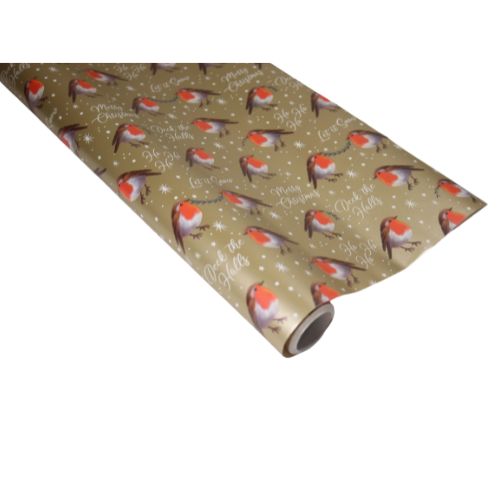 Gold Robin Print Christmas Wrapping Paper 10m - FabFinds