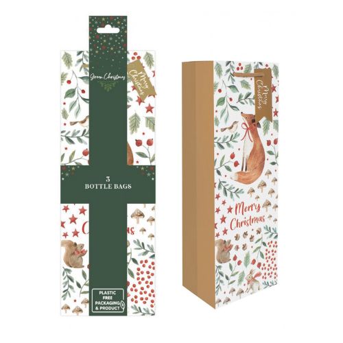 Green Eco Christmas Woodland Characters Bottle Bags 3 Pk Christmas Gift Bags & Boxes RSW   