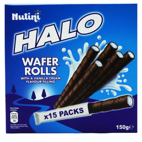 Nutini Halo Wafer Rolls with Vanilla Cream Filling 15 x 150g Biscuits & Cereal Bars Nutini Pack of 1