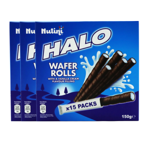 Nutini Halo Wafer Rolls with Vanilla Cream Filling 15 x 150g Biscuits & Cereal Bars Nutini Pack of 3