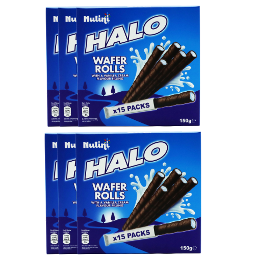 Nutini Halo Wafer Rolls with Vanilla Cream Filling 15 x 150g Biscuits & Cereal Bars Nutini Pack of 6