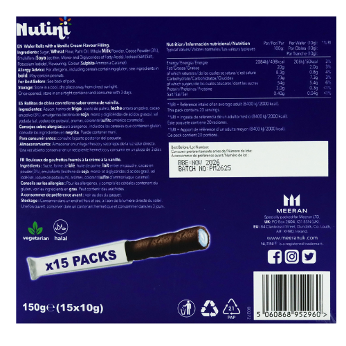 Nutini Halo Wafer Rolls with Vanilla Cream Filling 15 x 150g Biscuits & Cereal Bars Nutini