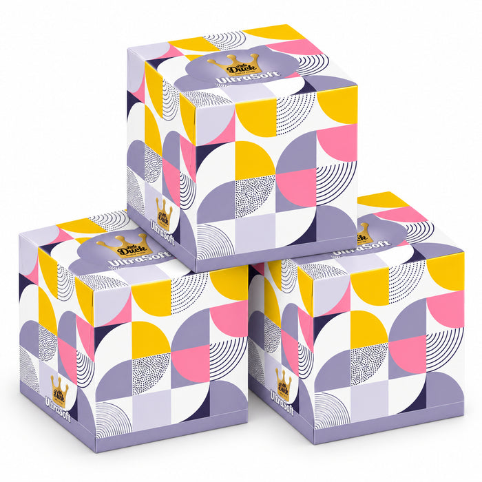 Little Duck UltraSoft Boutique Cube Tissues 56 Sheets 3 Ply, Geometric Lilac design, pack of 3