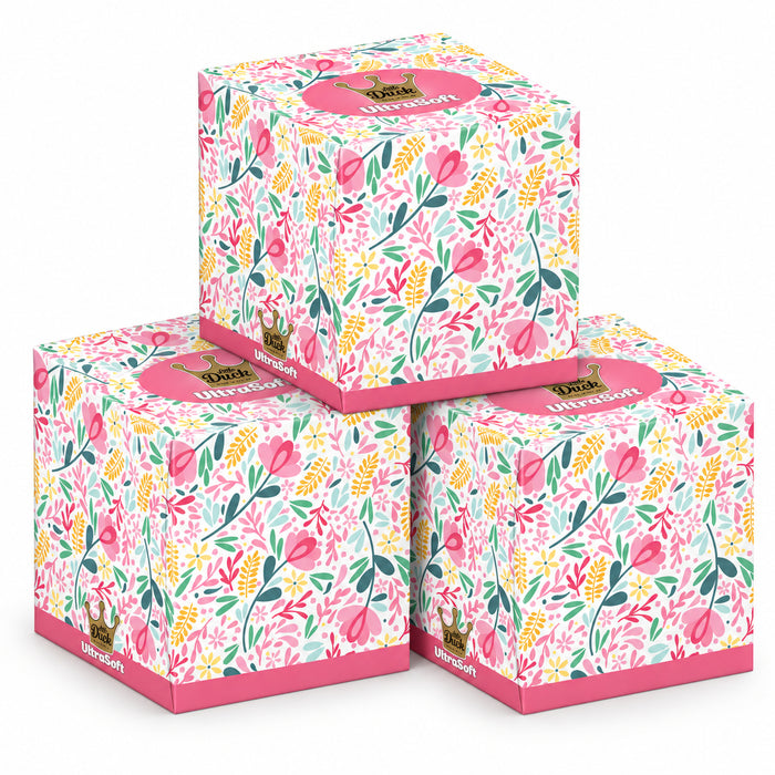Little Duck UltraSoft Boutique Cube Tissues 56 Sheets 3 Ply, Soft Floral Pink design, pack of 3