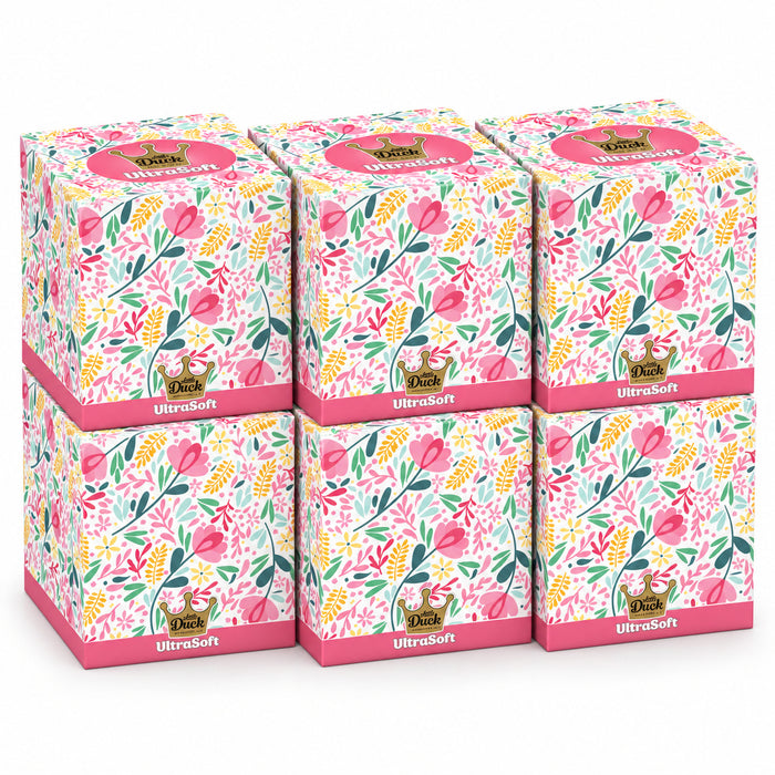 Little Duck UltraSoft Boutique Cube Tissues 56 Sheets 3 Ply, Soft Floral Pink design, pack of 6