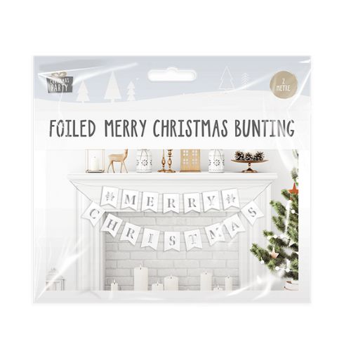 Foiled Merry Christmas Bunting 2m Christmas Decoration FabFinds Silver White  