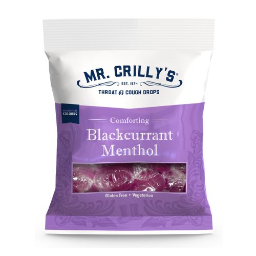 Mr Crilly's Blackcurrant Menthol Throat & Cough Sweets 90g Sweets, Mints & Chewing Gum mr crillys   