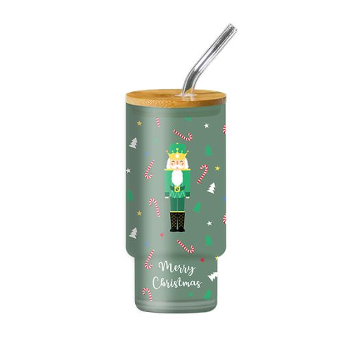 Nutcracker Glass Drinking Cup & Straw Assorted Colours Christmas Tableware FabFinds Green  