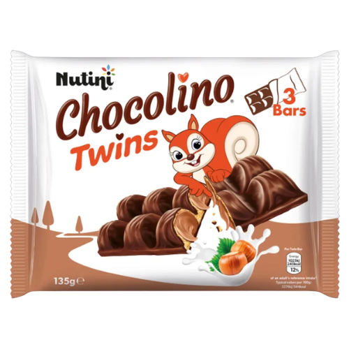 Nutini Chocolino Twins Hazelnut Chocolate 3 Bars Assorted Packs Chocolate Nutini Pack of 1