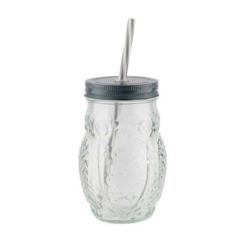 Woolf & Baker Owl Mason Jar With Straw Assorted Colours Kitchen Accessories woolf & baker Grey Lid  