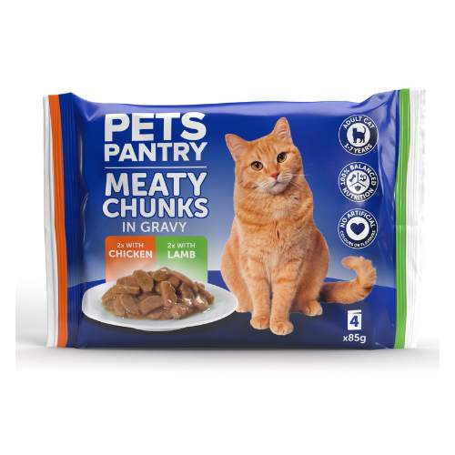 Pets Pantry Meaty Chunks In Gravy Chicken & Lamb Cat Food 4 x 100g Cat Food & Treats pets pantry   