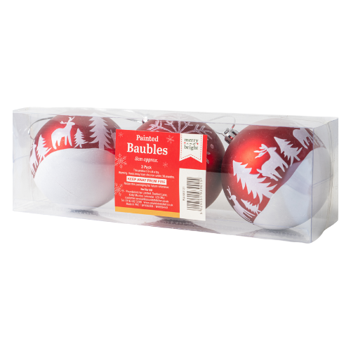 3 Pack Painted Christmas Decorative Ornaments Baubles 8cm