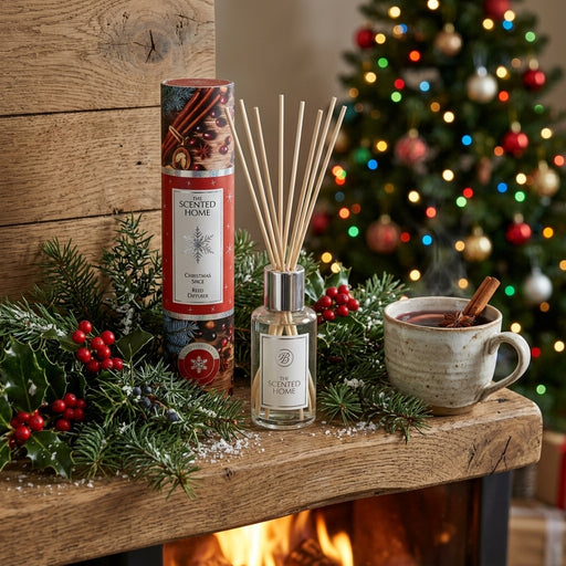A reed diffuser set and its packaging displayed on a rustic wooden mantel beside a mug of hot cocoa in front of a Christmas tree and fireplace. The diffuser bottle and stick reeds are labeled Scented Home, and the cylindrical box behind it shows a holiday-themed label.