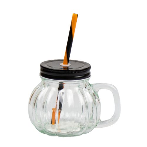 Pumpkin Glass Jar with Straw 350ml Halloween Accessories Gem Imports   