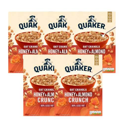 Quaker Oat Granola Honey & Almond Crunch 5 x 500g BB 24/08/24 Cereals Quaker   