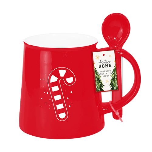 Christmas Embossed Mug with Spoon Assorted Designs Mugs FabFinds Red  