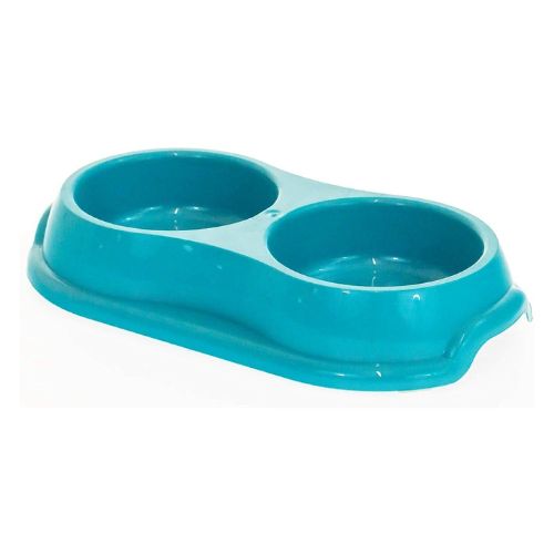 Plastic Two Compartment Pet Bowls Assorted Colours Dog Accessories Whitefurze Teal  