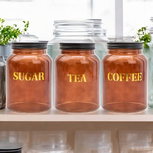 Vintage Amber Gold Glass Storage Jar Bundle 15.5cm (Sugar, Tea, Coffee) Kitchen Storage FabFinds