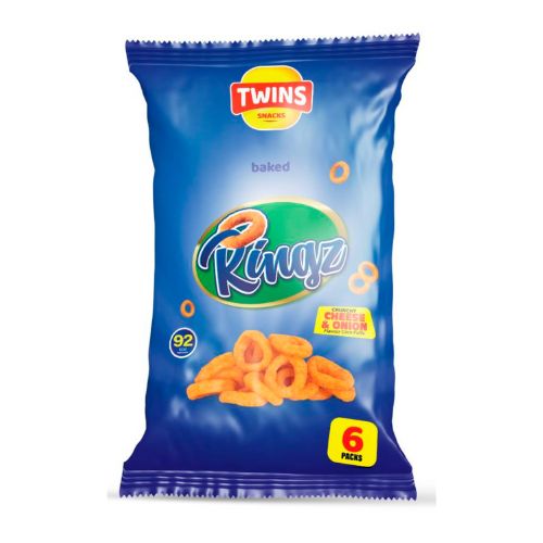 Twins Baked Ringz Corn Puffs Cheese & Onion 6 Pack 96g Crisps, Snacks & Popcorn Twins Snacks   