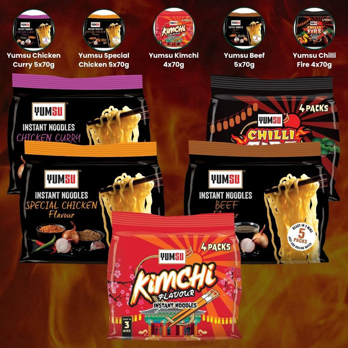 Yumsu Instant Ramen Noodles Variety Bundle 23 Packs - Chicken Curry, Special Chicken, Kimchi, Beef & Chilli Fire Flavours Pasta & Noodles Yumsu