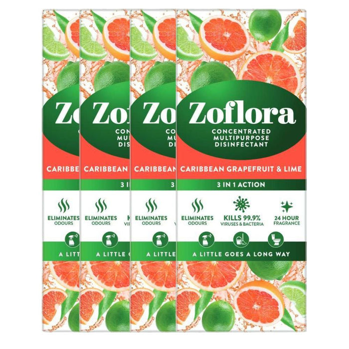 Zoflora Concentrated Multipurpose Disinfectant Caribbean Grapefruit & Lime 500ml Assorted Packs Disinfectant Zoflora Pack of 4