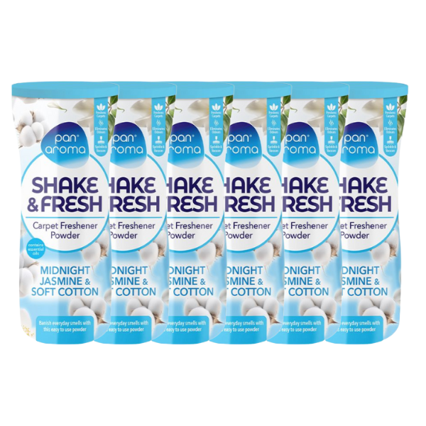 Pan Aroma Shake & Fresh Carpet Freshener Powder Midnight Jasmine & Soft Cotton 500g Floor & Carpet Cleaners Pan aroma Pack of 6
