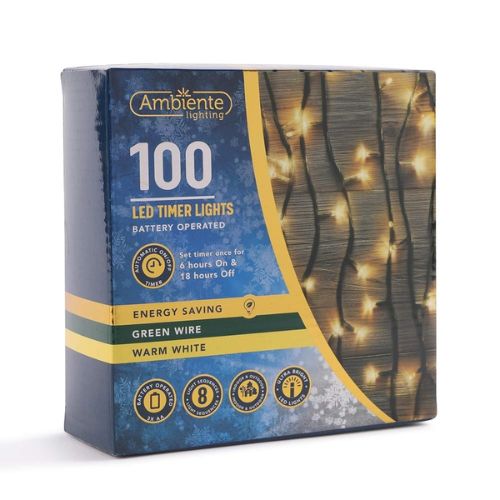 100 Battery Timer Bright LED Fairy Lights - Assorted Colours Christmas Indoor & Outdoor Lighting FabFinds Warm White  