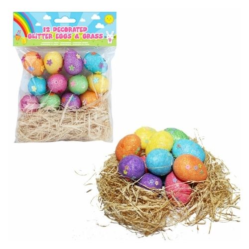 Decorated Glitter Easter Eggs and Grass 12 Pk Easter Gifts & Decorations FabFinds   
