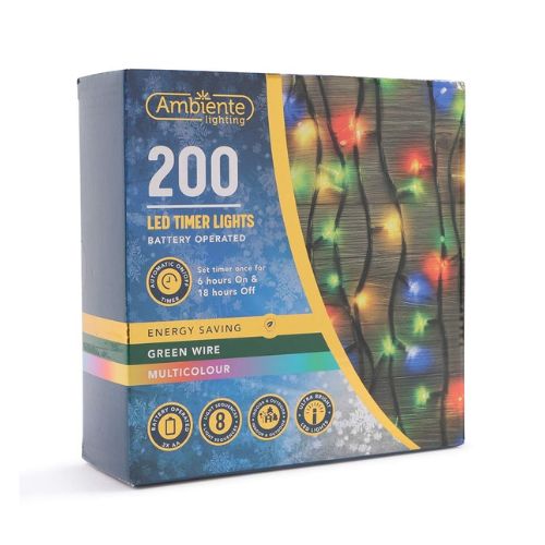 200 LED Timer Lights Green Wire Assorted Colours - FabFinds