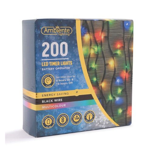 Ambiente Lighting 200 LED Timer Lights Black Wire Assorted Colours Christmas Indoor & Outdoor Lighting Ambiente lighting Multicolour  