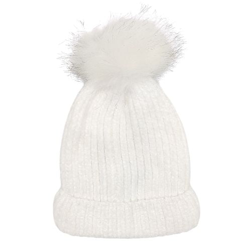 Girls Chenille Pom Pom Hat Assorted Colours Hats, Gloves & Scarves FabFinds White  