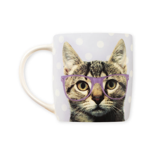 Lilac and White Spot Cat With Glasses Mug Mugs FabFinds   