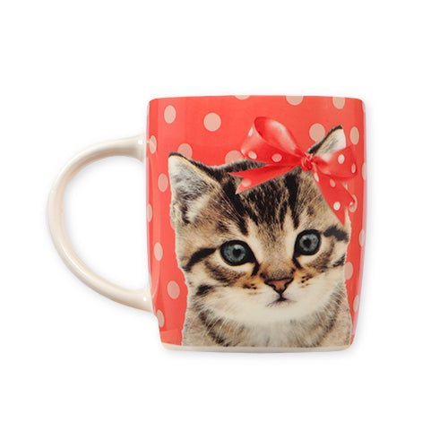 Red and White Spot Kitten and Bow Mug Mugs FabFinds   